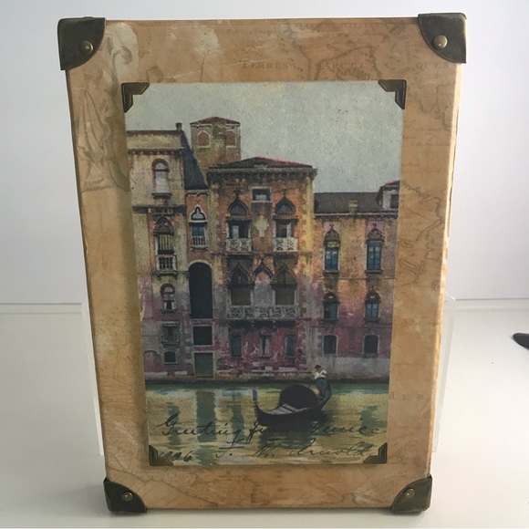 T. HIGGINS Collectible Wooden Storage Box Metal Corners & Handles - Venice Motif - Picture 1 of 15